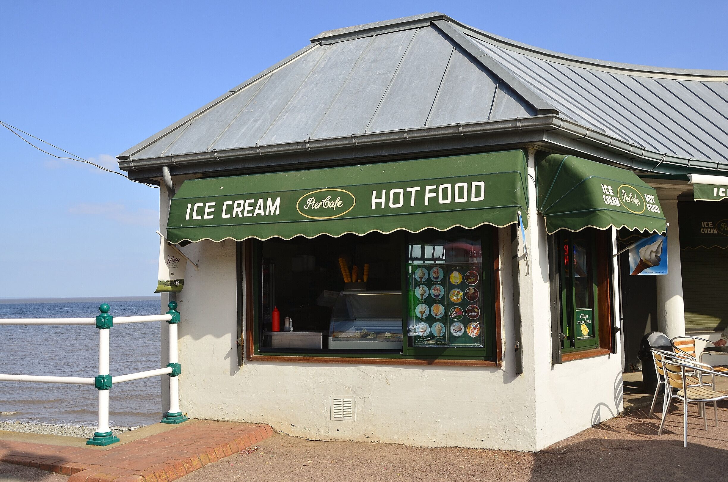 Penarth pier, Wales. UK. Has my photo indicates small little food place on the pier to enjoy a coffee and snack and watch the world go by.