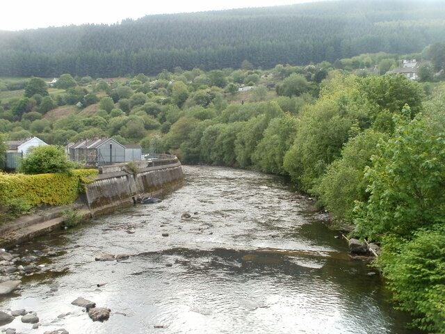 River Rhondda downstream from Lower Eirw Bridge. The view south from the Grade II listed bridge.
