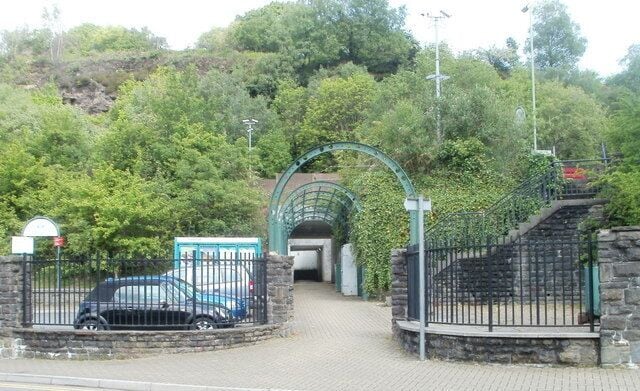 Entrance to Trehafod railway station. Viewed from Trehafod Road. The small car park on the left has space for 12 vehicles.