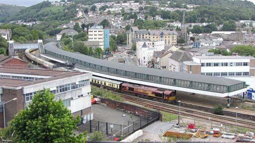 Railtour at Pontypridd. UK Railtours brought a pair of class 66 locomotives, Nos. 66011 and 66116, in top-and-tail formation, to South Wales on their Valley Legend railtour. The tour visited the Ebbw Vale and Tower Colliery branches, and is seen here passing through Pontypridd on its return from Tower.