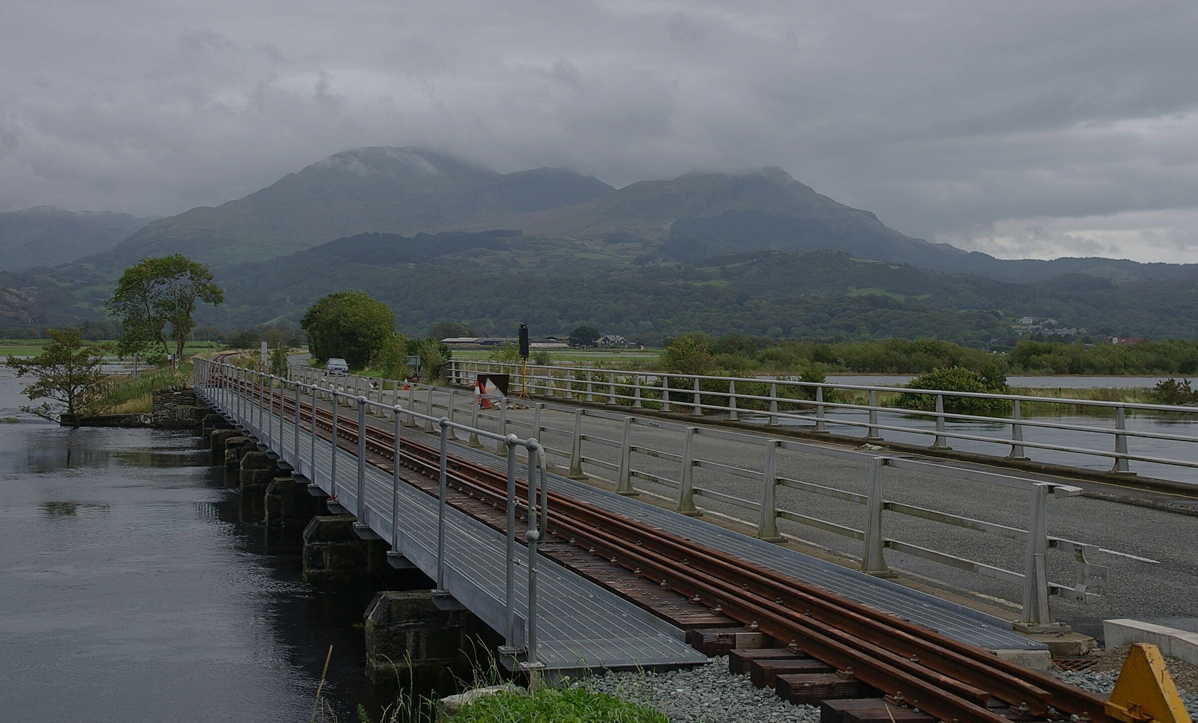 The Welsh Highland Railway's crossing over the Afron Glaslyn at Pont Croesor.