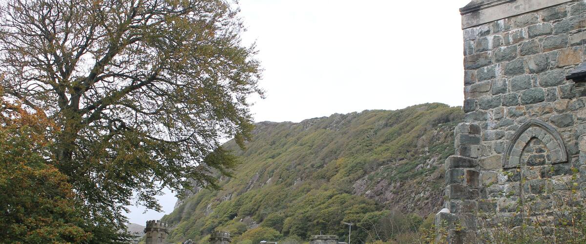 A stone church with a green roof, surrounded by lush greenery and a hill in the background.