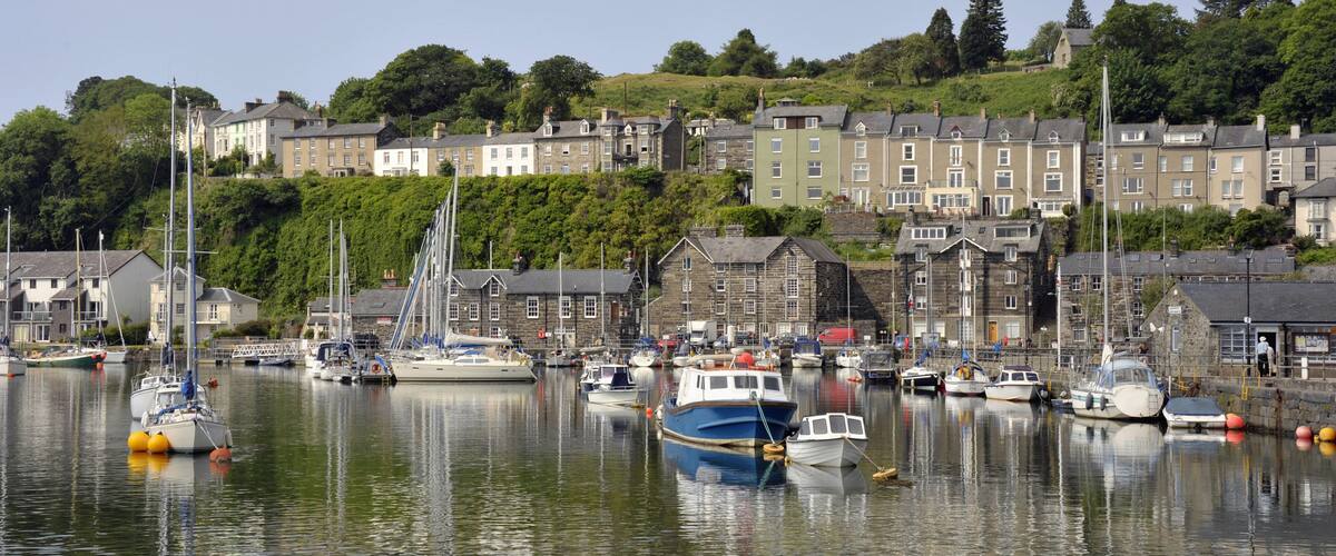 A harbor with boats docked, surrounded by residential buildings and lush greenery.