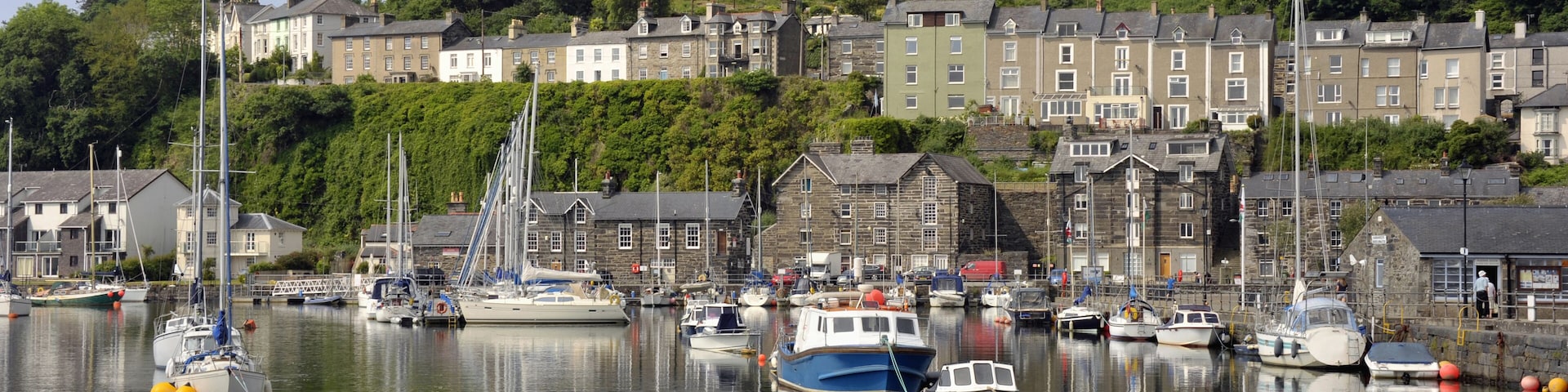 A harbor with boats docked, surrounded by residential buildings and lush greenery.