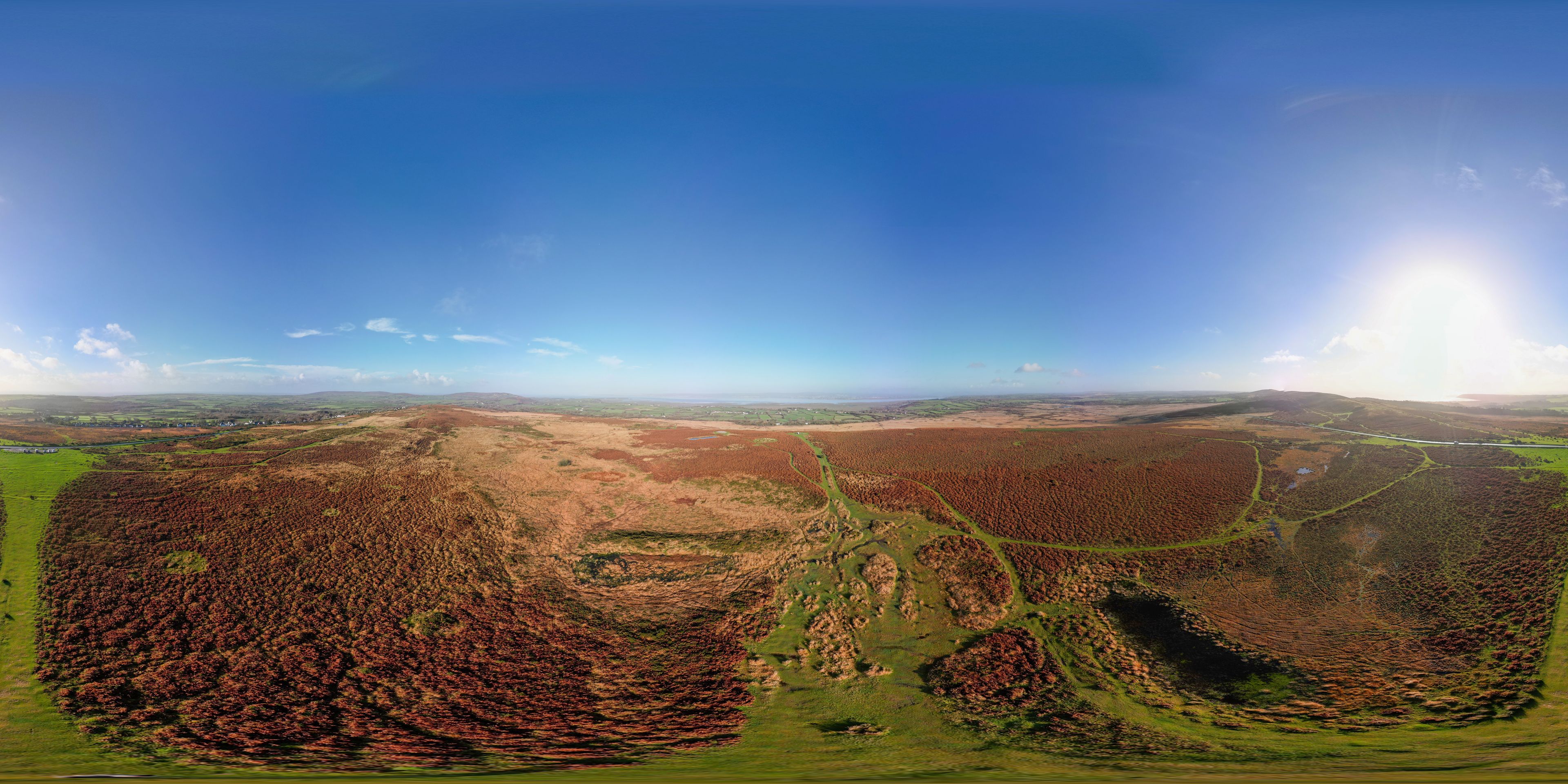 A 360 degree aerial view of the rural landscape in the heart of the Gower Peninsula, Glamorgan, Wales