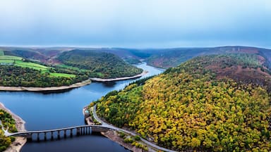 Autumn over Garreg Ddu Dam from a drone, Elan Valley, Caban-Coch Reservoir, Rhayader, Wales, UK