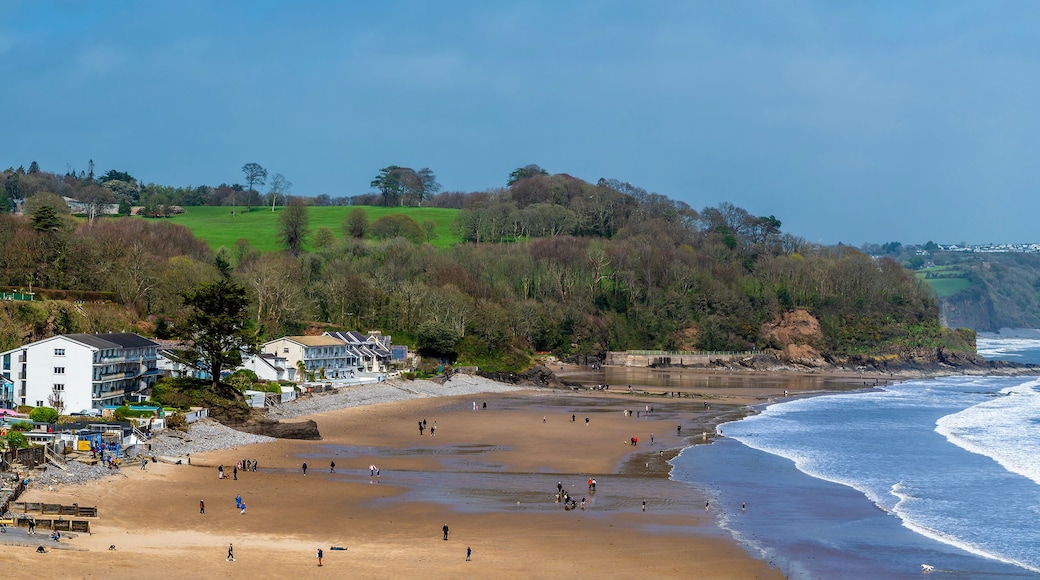 A panorama view over the beach at low tide in Saundersfoot, Wales on a bright spring day