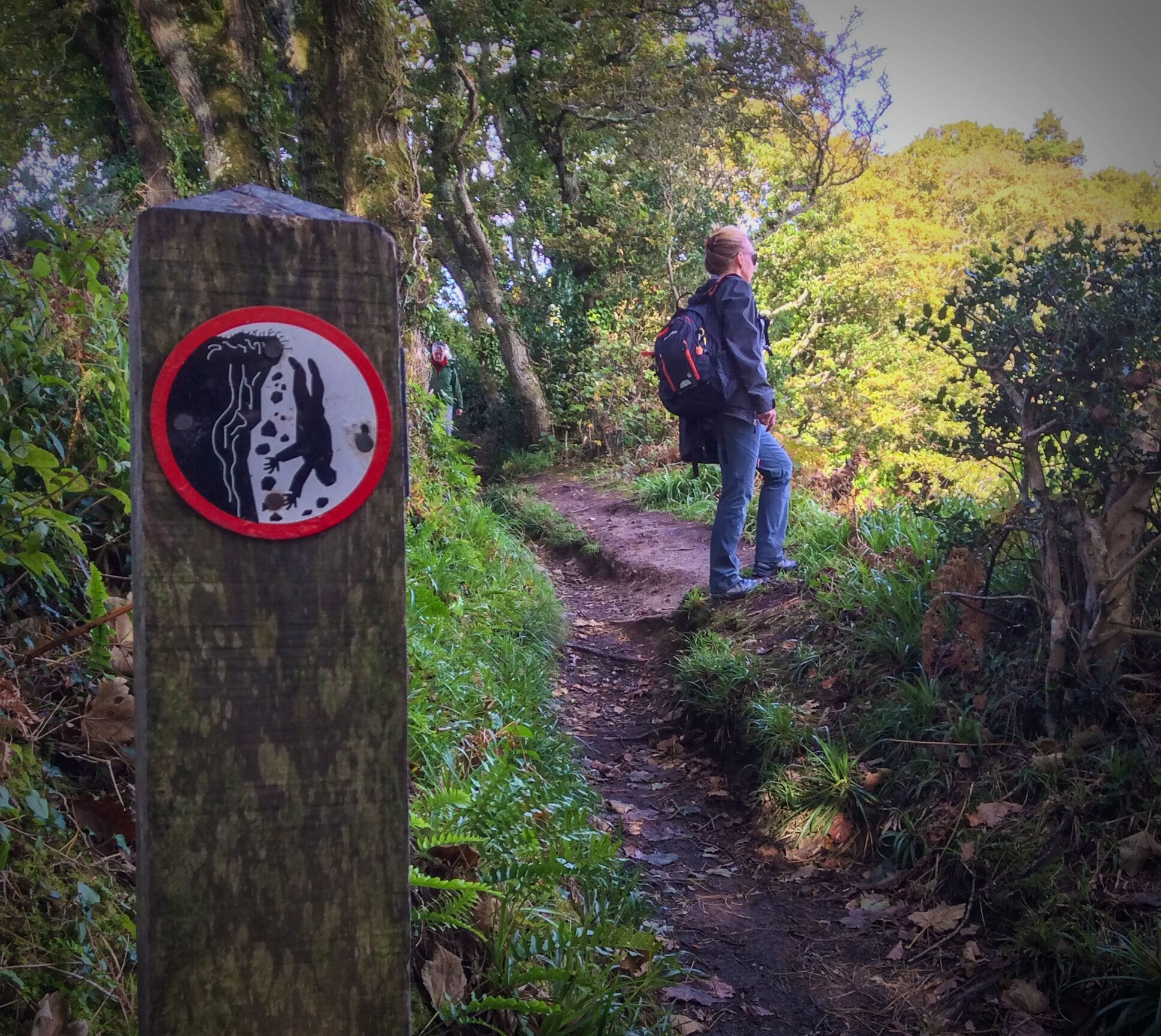 Vertigo is the conflict between the fear of falling and the desire to fall.
Salman Rushdie

My sister, pictured here, probably isn't experiencing this conflict.  She, like my oldest brother, is extremely well grounded and one of those people in full control of their surroundings.  

I am more like the guy pictured in the sign.
#hiking
