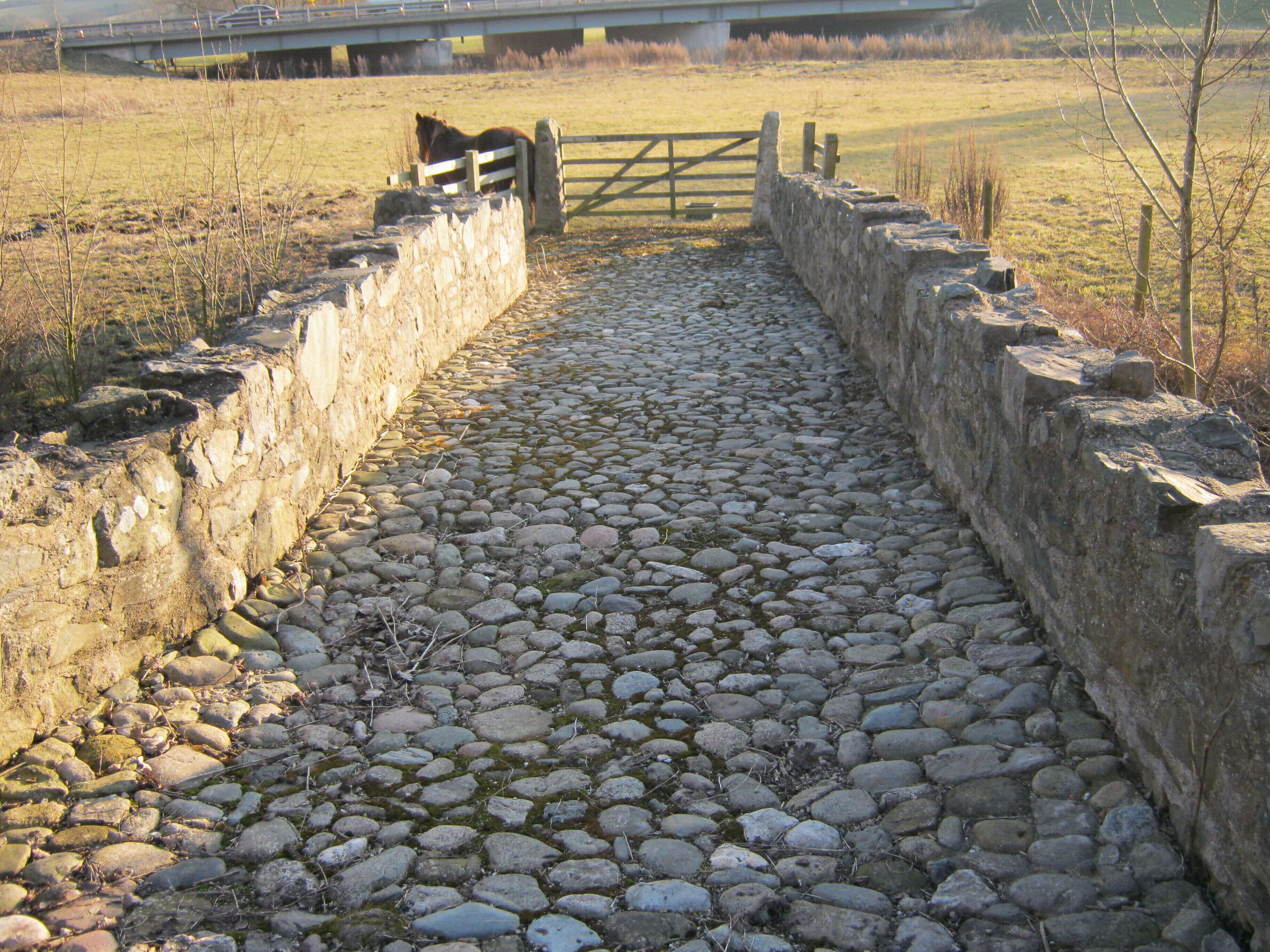 A cobblestone pathway leading to a wooden gate, surrounded by stone walls and a grassy field.