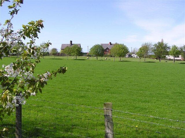 A green field with a wooden fence, trees, and a building in the background.