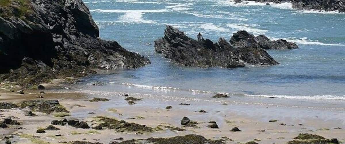 A rocky coastline with waves crashing onto the shore, a sandy beach, and seaweed-covered rocks.