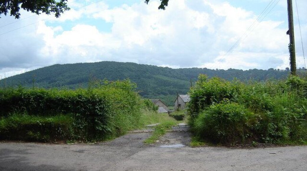 Un camino rural que lleva a una casa, con una colina al fondo.