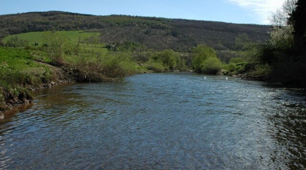 River Usk, Newbridge on Usk The River Usk at Newbridge on Usk with the wooded Wentworth Hill in the background.