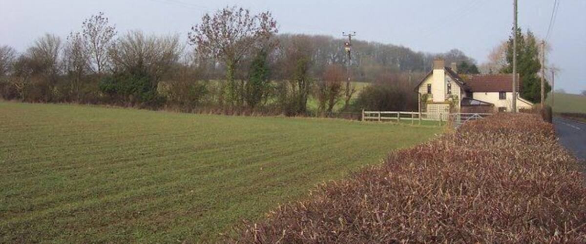 A rural landscape with a field, a small house, and a fence.