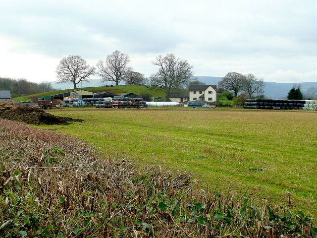 View to a farm and hill The farm, to the west of Bettws Newydd, is unnamed, as is the tump/hill beyond.