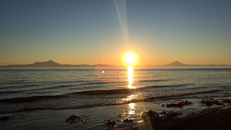 Volcanoes in the background