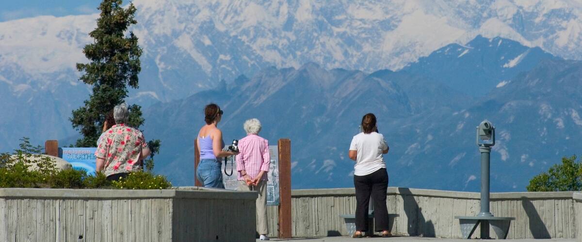 A group of people overlooking snow-capped mountains.