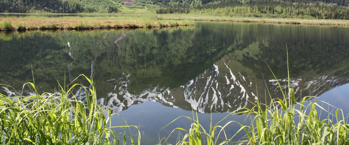 Mountains reflecting on the water...the perfectly still air made for a nice glass-like photo.