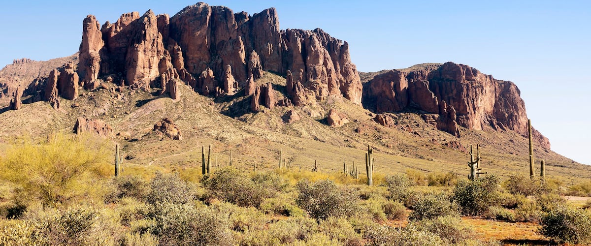 Superstition Mountains in the Arizona Desert located east of Phoenix and near Gold Canyon