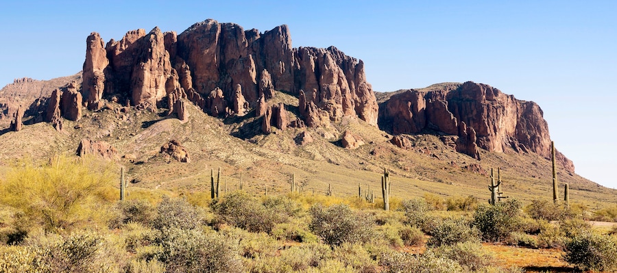 Superstition Mountains in the Arizona Desert located east of Phoenix and near Gold Canyon