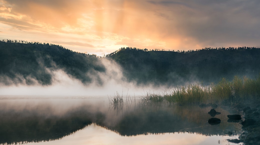 River Reservoir - Greer Arizona during the morning golden hour fog over lake