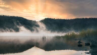 River Reservoir - Greer Arizona during the morning golden hour fog over lake