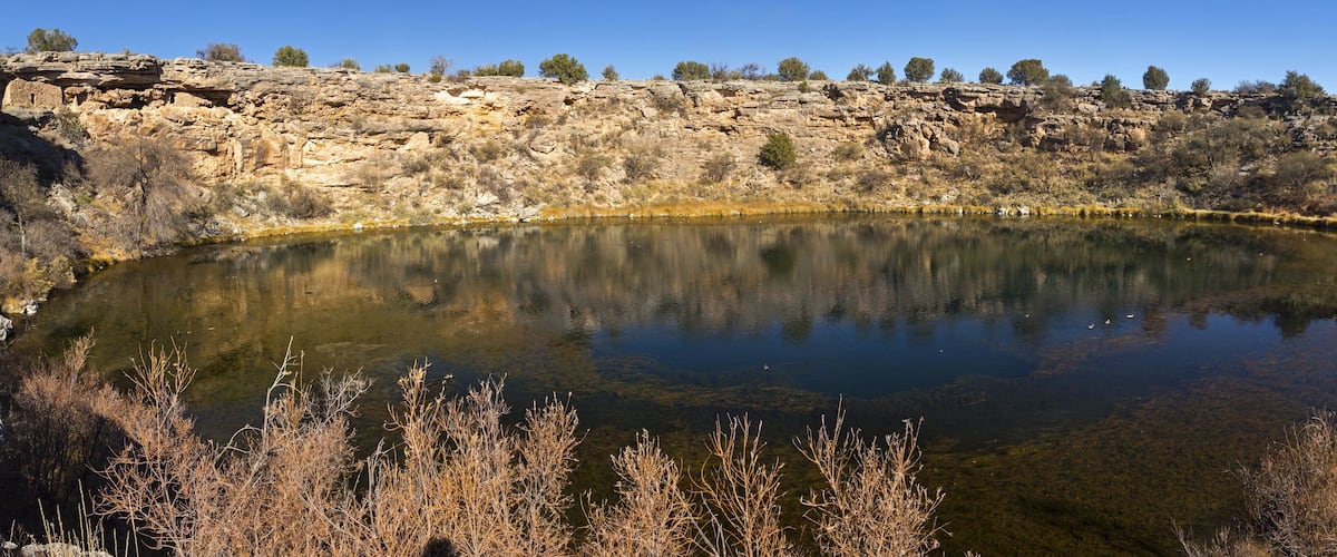 Wide Panoramic Landscape of Montezuma Well, a Natural Limestone Sinkhole in Montezuma Castle National Monument Arizona USA
