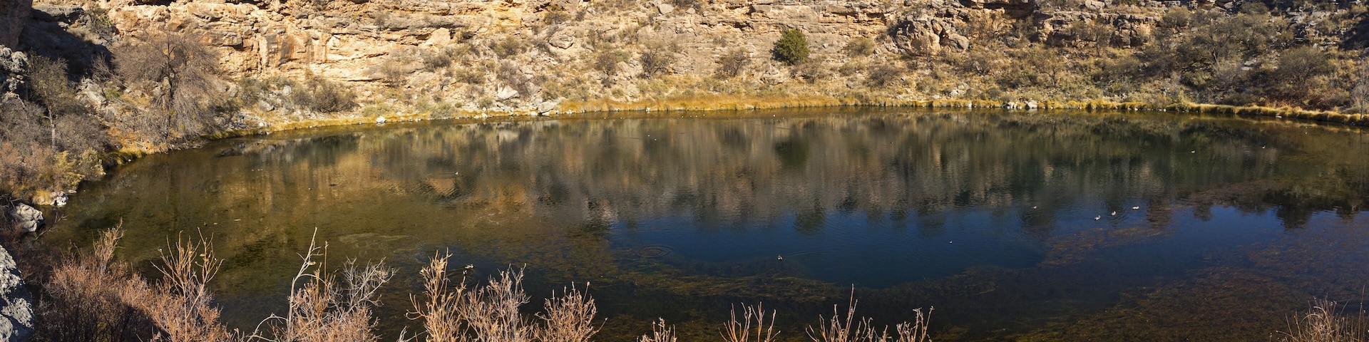 Wide Panoramic Landscape of Montezuma Well, a Natural Limestone Sinkhole in Montezuma Castle National Monument Arizona USA