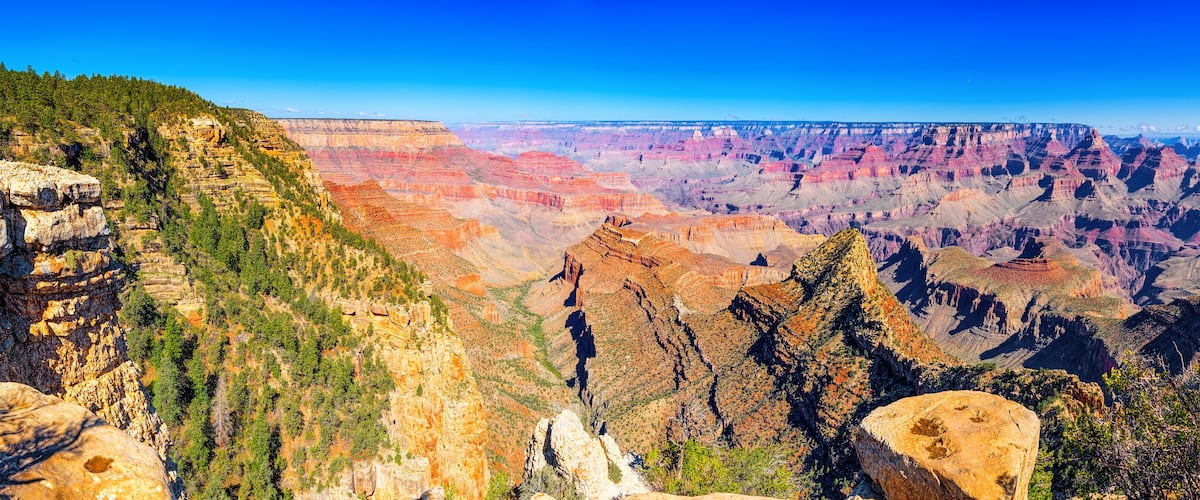 A vast canyon with layered rock formations and sparse vegetation.