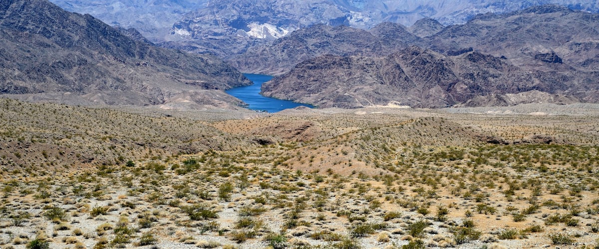 A desert landscape with a river, mountains, and sparse vegetation.