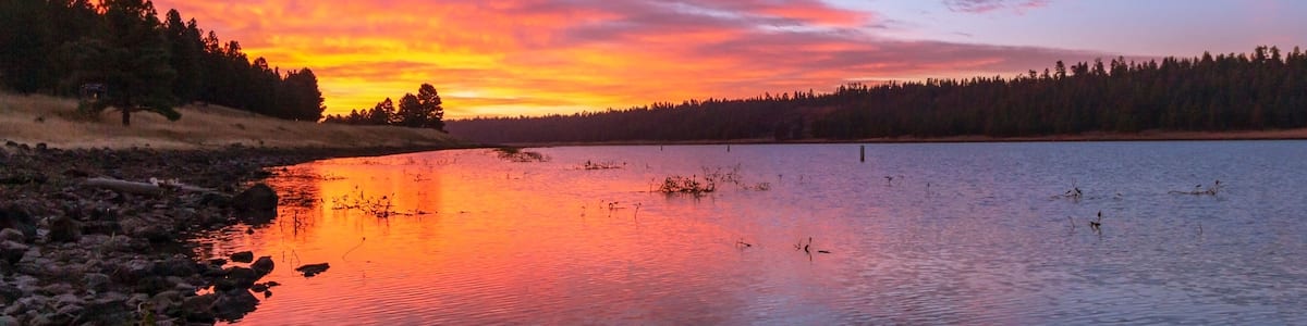 Un coucher de soleil sur un lac, avec une rive bordée d’une forêt.