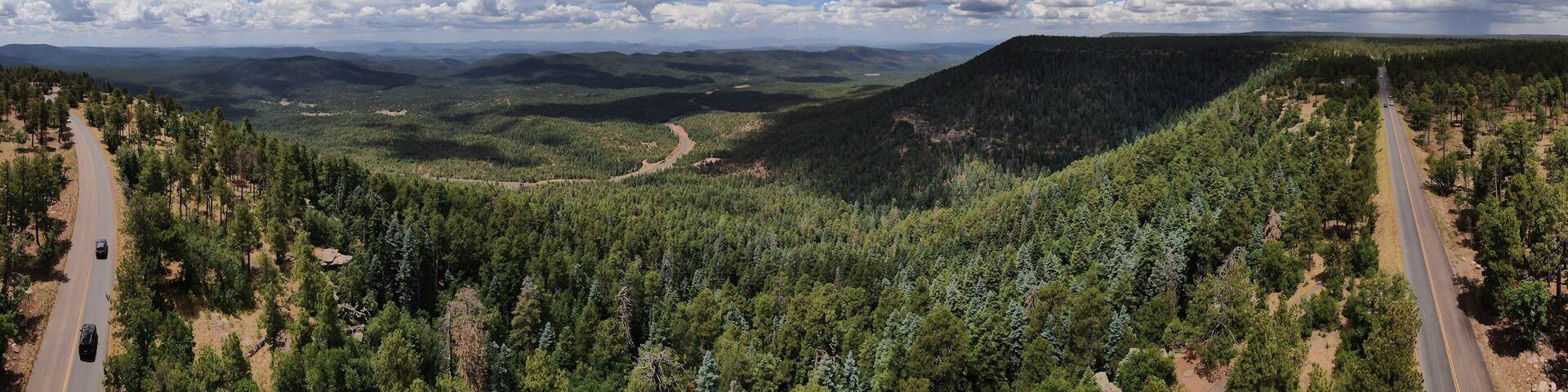 Panoramic aerial image along "Rim Road" on Arizona's Mogollon Rim in the north-central part of the state.