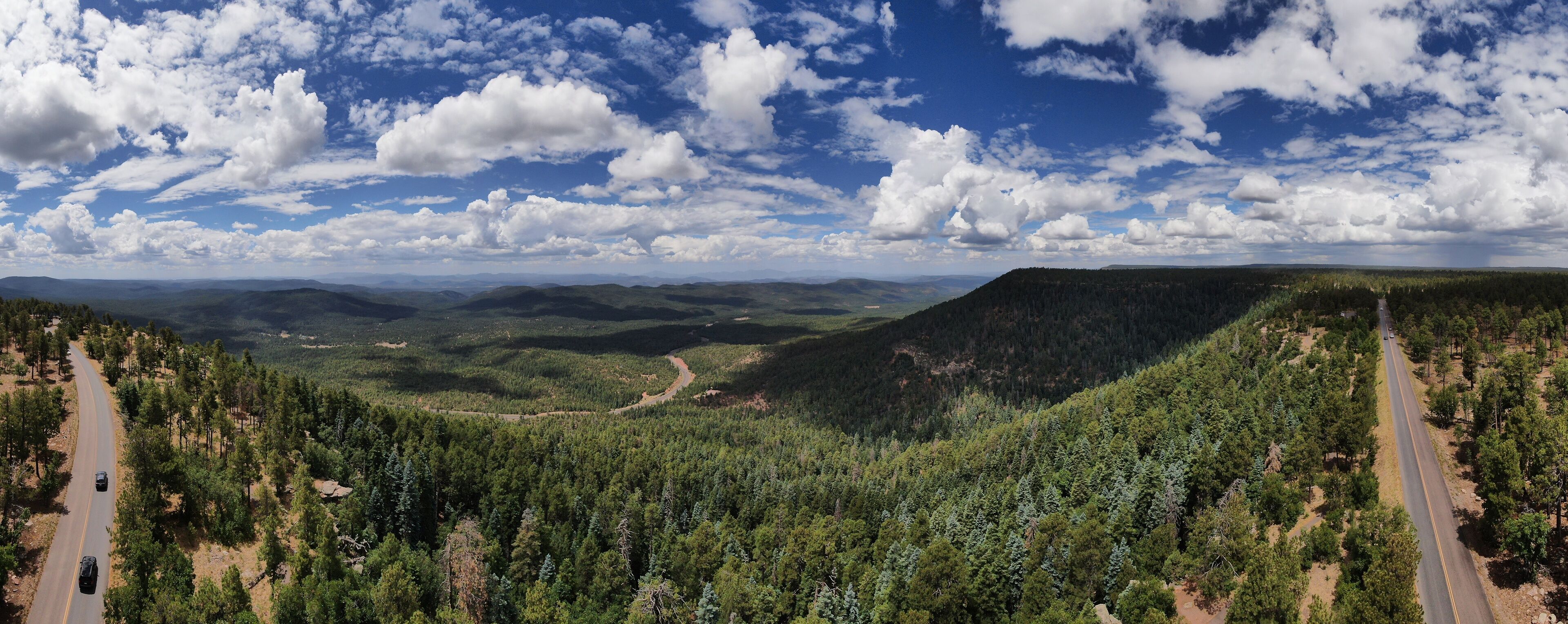 A winding road through a forested valley with a mountain range in the background.