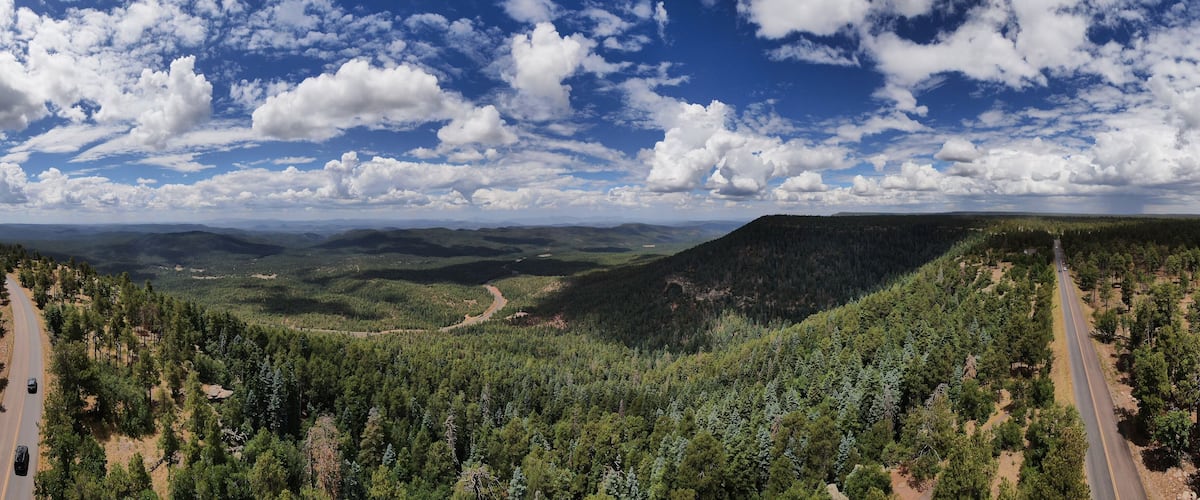A winding road through a forested valley with a mountain range in the background.