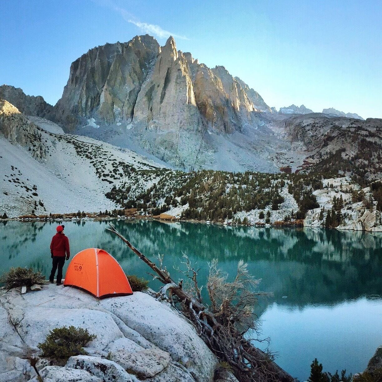 A perfect camp spot in the Eastern Sierras.  Second Lake is one of the seven lakes located along Big Pine Creek. It is 5 miles in from the trailhead which makes it both a great day hike or an overnight backpacking trip. Enjoy a view of Temple Crag as the sun goes down. #goldenhour  #hiking