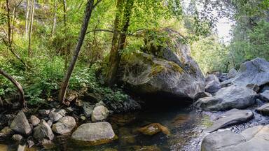 Panoramic view of deer creek in the morning near nevada city california