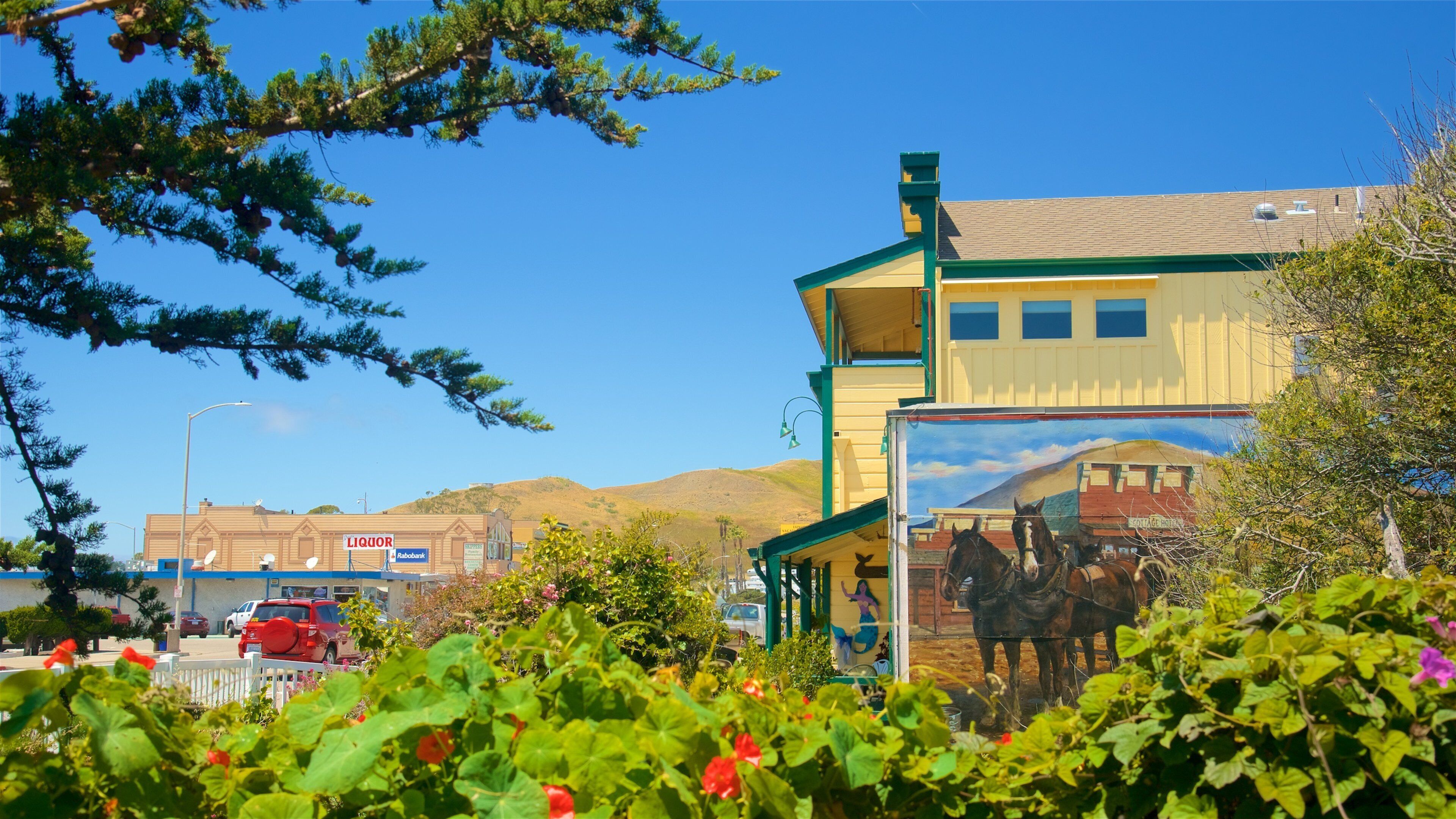 A building with a mural of horses, surrounded by greenery and a clear blue sky.