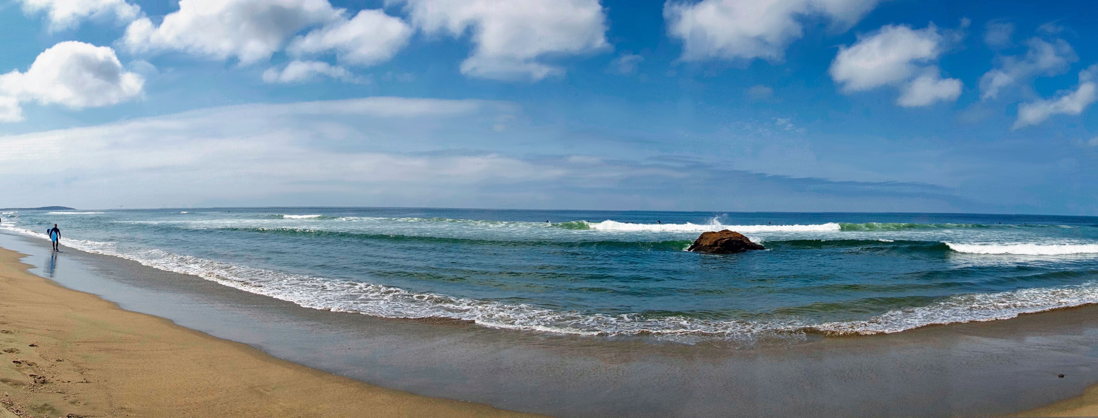 Surfer walking down the beach at Salmon Creek in Sonoma County.