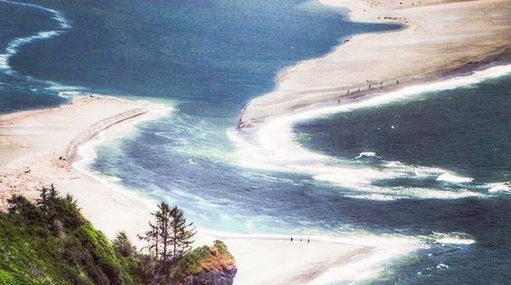 Where fresh water meets the sea. The Klamath River flows into the Pacific in Redwoods State and National Park. The vista is stunning and there are people walking down by the water. #Adventure #redwoods #california #klamath #water #sea #pacific #ocean #landscape