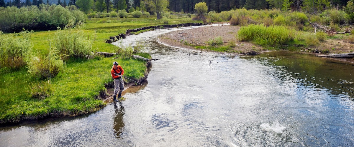 A river flowing through a mountainous landscape with lush greenery and a person fishing.