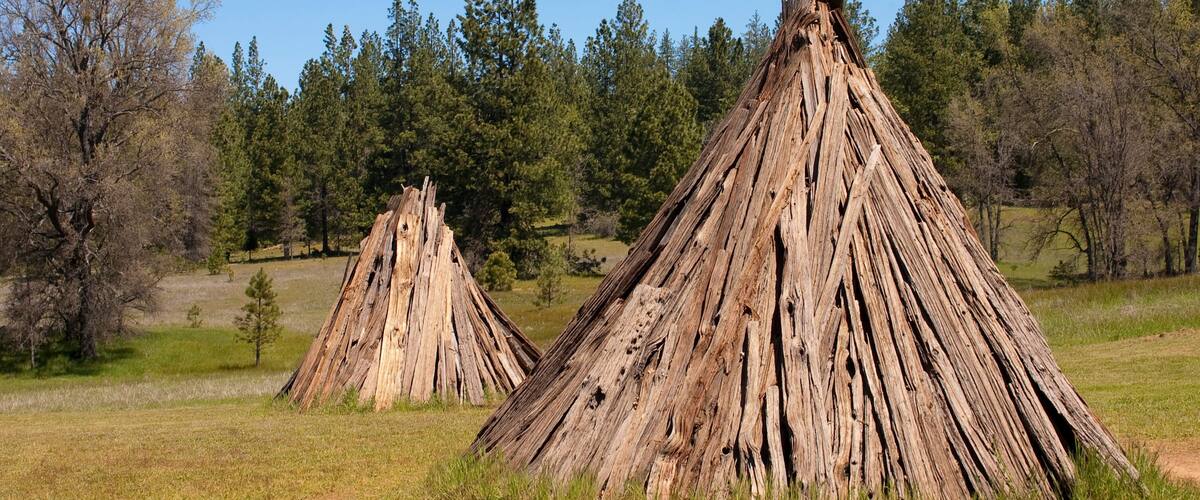 Two large, conical wooden structures in a grassy field with trees in the background.