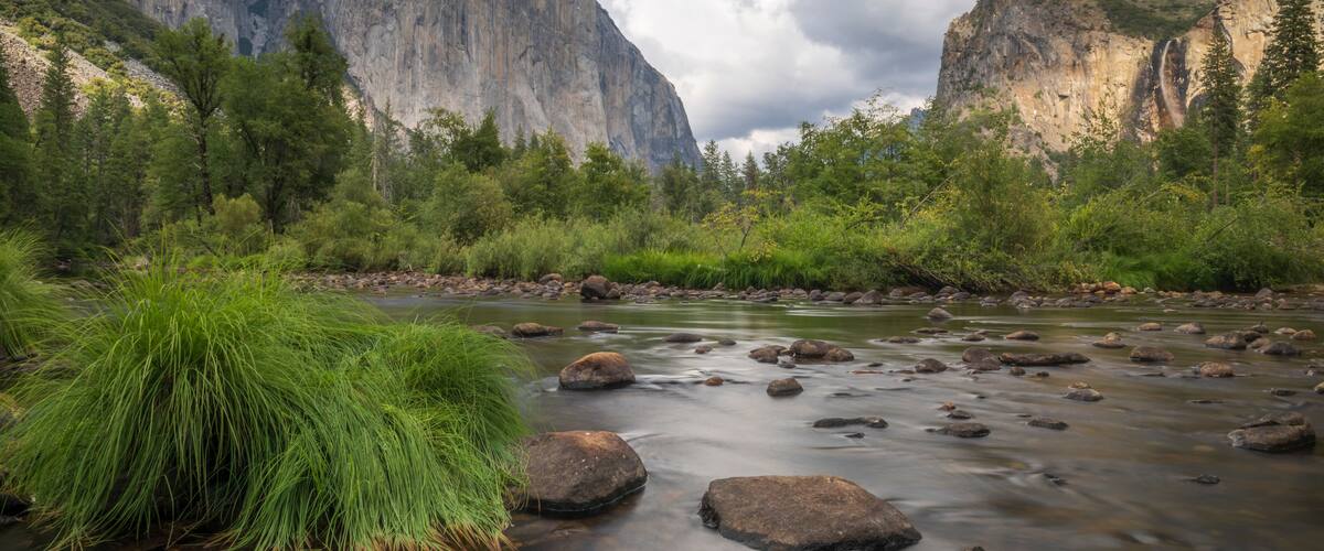 Yosemite valley view, from the banks of the Merced River, with El Cap in the distance