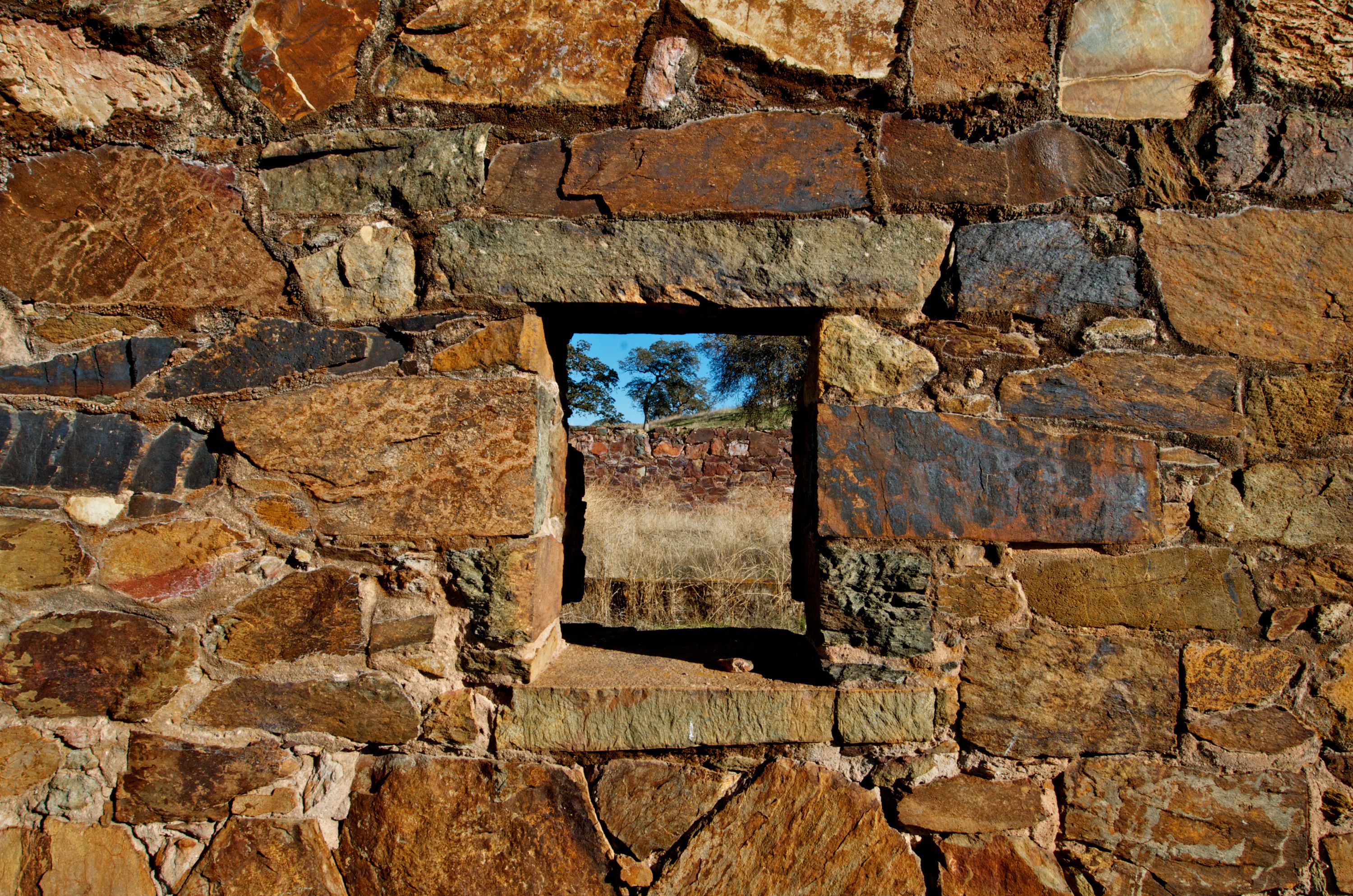 Lintel Stone above window of fieldstone structure from bygone era, Telegraph Road, Calaveras County, California 