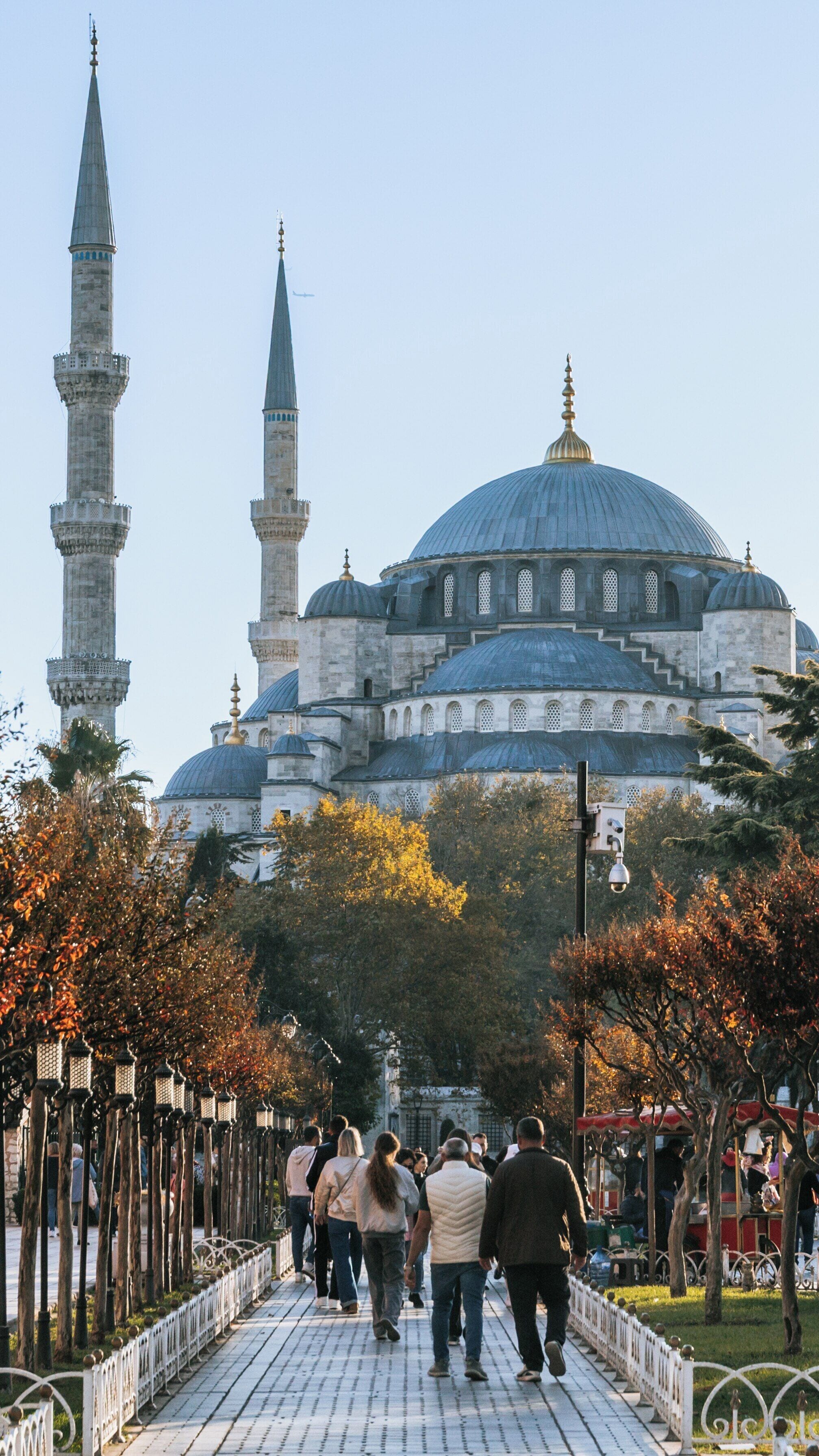 Visitors stroll along a pathway towards the magnificent Blue Mosque in Istanbul's city center surrounded by trees and clear skies in Türkiye
