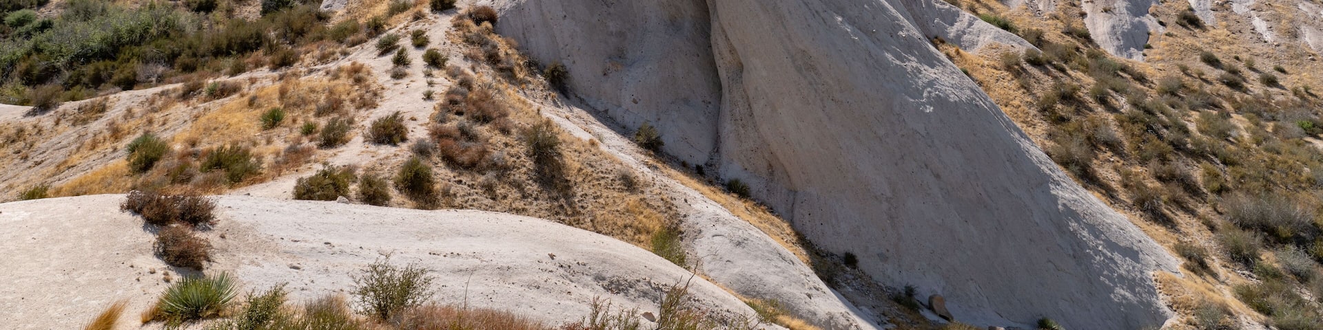 A large rock formation in a desert landscape with distant mountains.