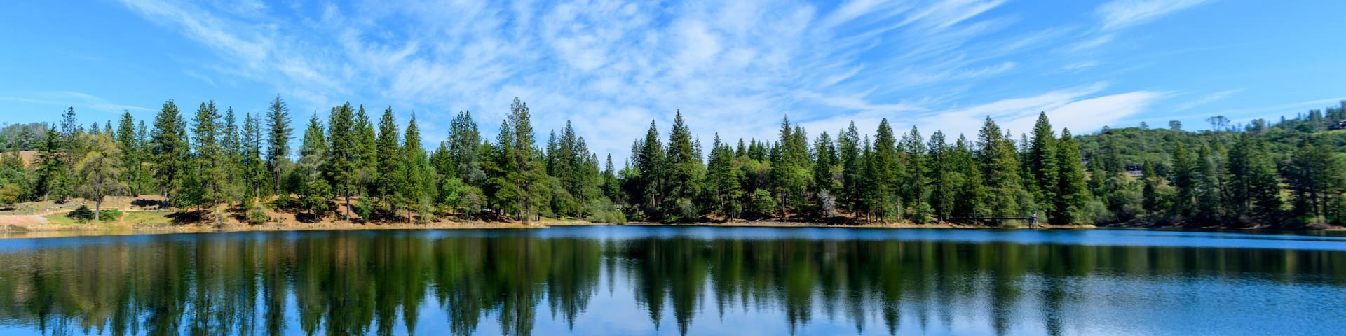 A calm lake reflecting trees and sky, surrounded by a forest.