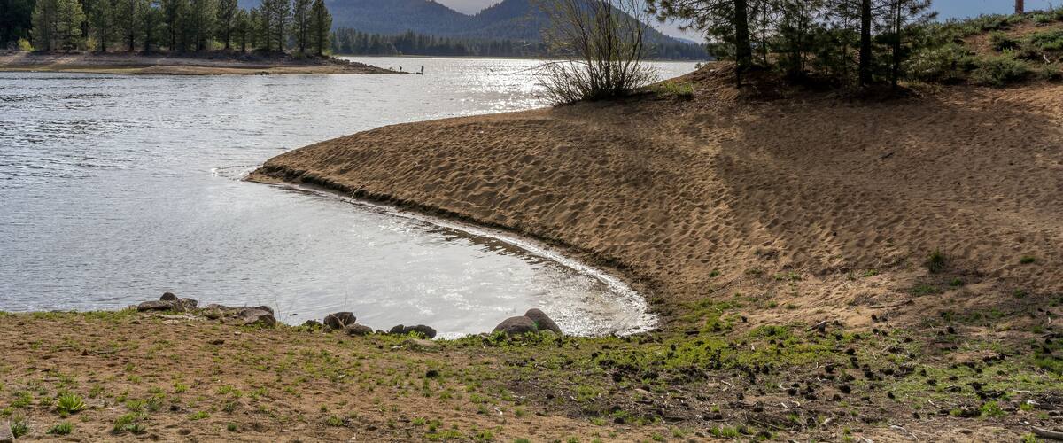 A river curving through a landscape with mountains in the background and a sandy beach with trees.