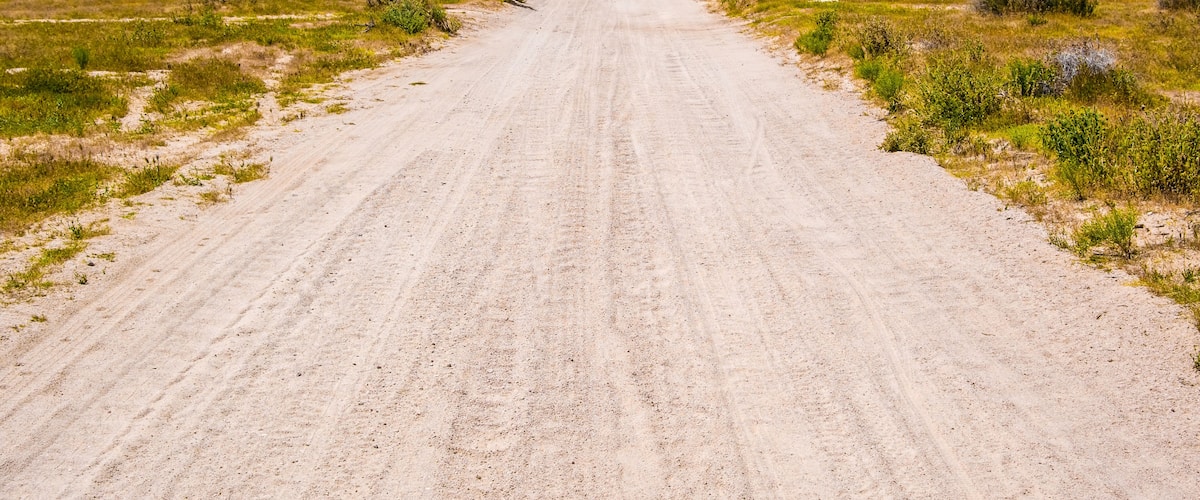 A dirt road in a desert landscape with sparse vegetation and distant mountains.