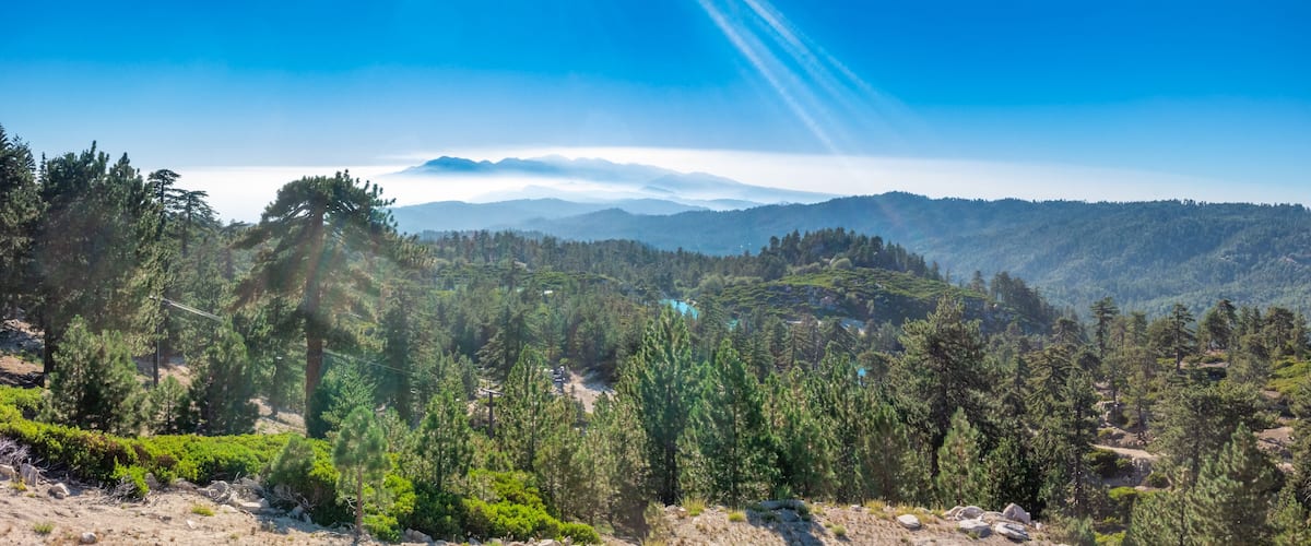 A mountainous landscape with dense forests and a clear blue sky.