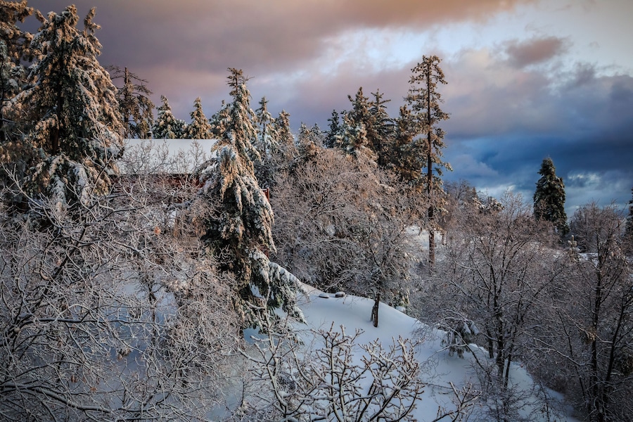 Winter Mountain Cabin Sunset, Running Springs, California; Shutterstock ID 596037125